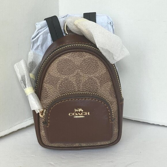 Coach Mini Court Backpack Bag Charm Keychain Brown Signature Canvas CX066 Logo - Picture 2 of 8